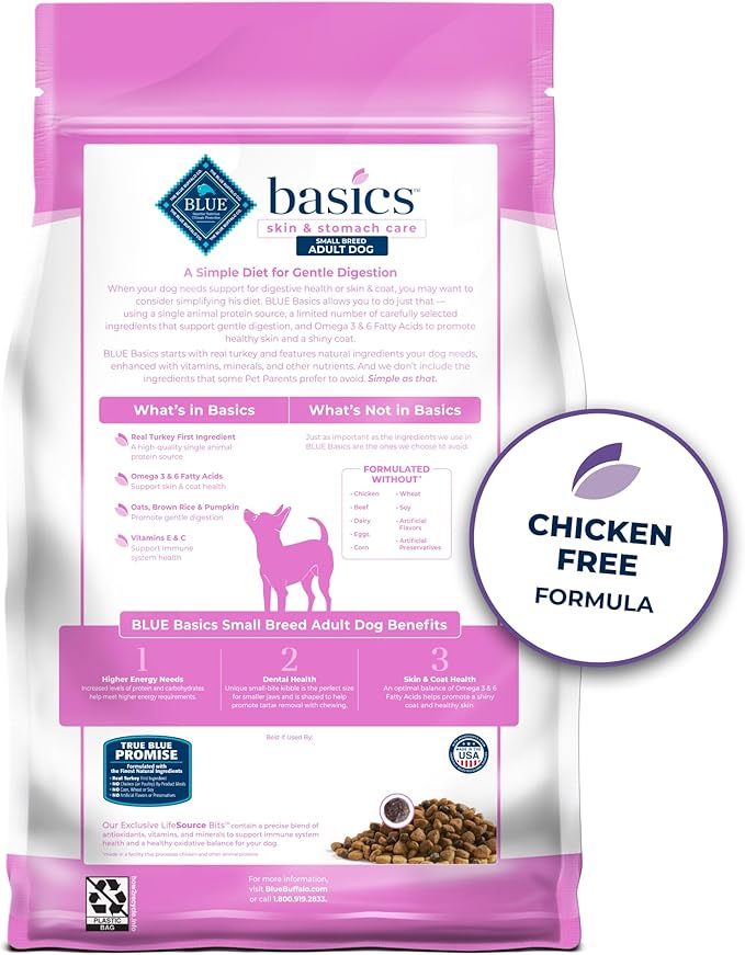 Blue Buffalo Basics Adult Small Breed Dry Dog Food for Skin & Stomach Care, Limited Ingredient Diet, Made in the USA with Natural Ingredients, Turkey & Potato Recipe, 4-lb. Bag