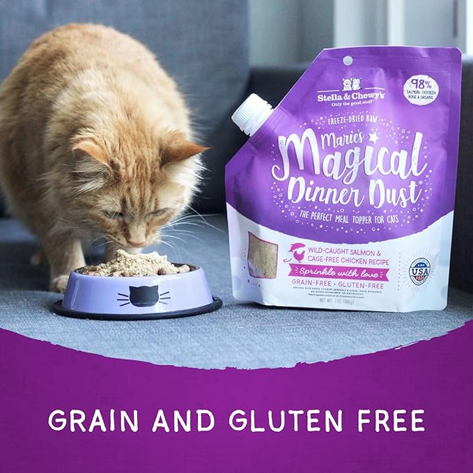 Stella & Chewy's Freeze-Dried Raw Marie’s Magical Dinner Dust – Grain Free, Protein Rich Cat & Kitten Food Topper – Wild-Caught Salmon & Cage-Free Chicken Recipe – 7 oz Bag