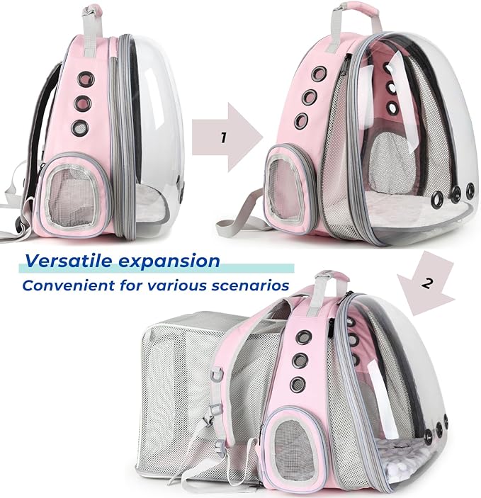 LOLLIMEOW Pet Carrier Backpack, Bubble Backpack Carrier, Cats and Puppies,Airline-Approved, Designed for Travel, Hiking, Walking & Outdoor Use (Dual Expandable-Pink)