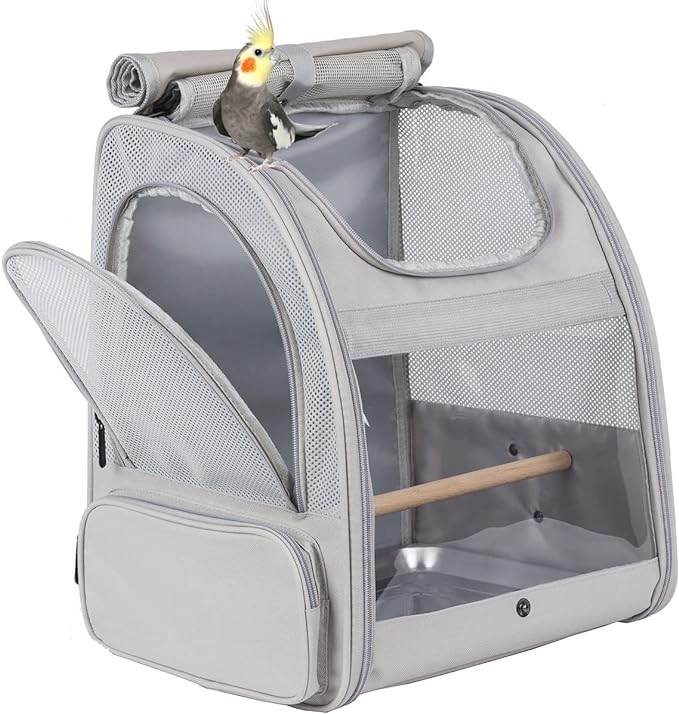 Bird Backpack, Bird Travel Carrier with Stand Perch, Airline Approved Grey Bird Backpack Carrier