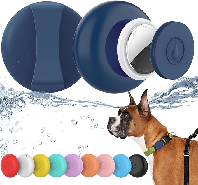 IPX8 Waterproof AirTag Dog Collar Holder, Hidden Air Tag Case for Cat Collar, Anti-Lost Silicone Cover for AirTag GPS Tracker Compatible with Pets Loop, Fits All Width Collars(Navy Blue L)