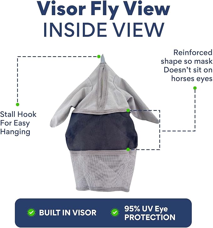 Horse Fly Mask with Ears, Built in Visor Breathable Lightweight Horse Fly Mask, 95% UV Eye Protection Horse Supplies, UV Fly Mask for Horses, Adjustable Fit for Comfort Horse Medium/Large Size