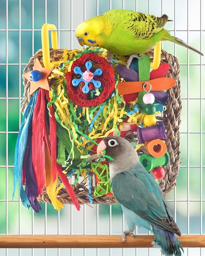 ERKOON Bird Cockatiel Toys Foraging Toys Hanging Parrot Toys for Lovebrid Parakeets Conures Bird Foraging Wall with Colorful Toys for Birds Shredding Seagrass, Birds Cage Toy Accessories