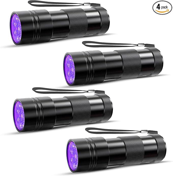 COSOOS 4 Pack Blacklight Flashlights, 395nm UV Handheld Black Light Flashlight, 12LED Mini Portable Pet Urine Detector for Dog Cat Urine, Scorpions, Dry Stains, Bed Bugs