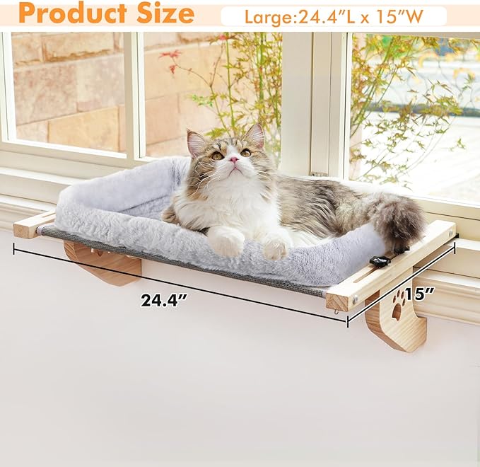 AMOSIJOY Cat Sill Window Perch Sturdy Cat Hammock Window Seat with Cushion Bed Cover, Wood & Metal Frame for Large Cats, Easy to Adjust Cat Bed for Windowsill, Bedside, Drawer and Cabinet(Cushion Bed)