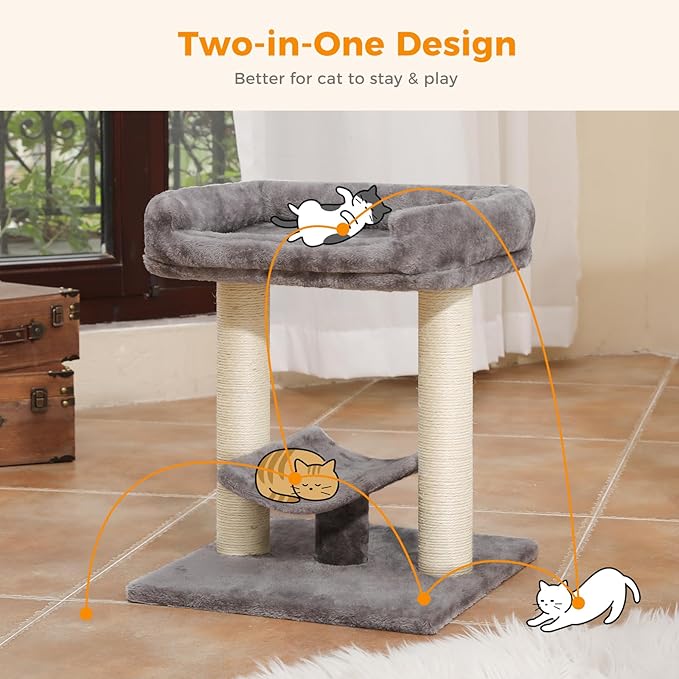 PETEPELA 19" Cat Scratching Post, Cat Tree Tower, 100% Natural Sisal Cat Scratcher with Large Plush Top Perch Bed, Cozy Cat Platform for Kittens and Cats