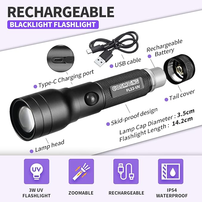 UV Flashlight USB C Rechargeable, 395nm Blacklight Flashlight, Zoomable Ultraviolet Pen Flashlight IP54 Pet Urine Detector for Cat Dog Stains, Scorpion, Bed Bug