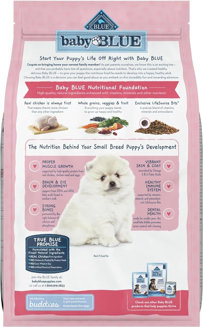 Blue Buffalo Baby BLUE Natural Small Breed Puppy Dry Dog Food, Healthy Growth Formula with DHA, Chicken and Oatmeal Recipe, 4-lb. Bag (Pack of 2)