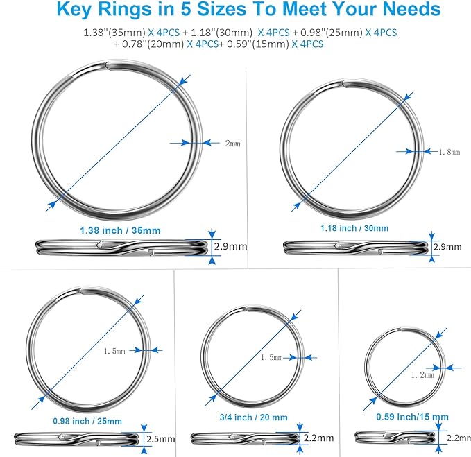 Split Key Ring Circle Assorted, Round Keyring Durable 5 Sizes (1/2 inch, 3/4 inch,1 inch, 1.25 inch, 1.38 inch)
