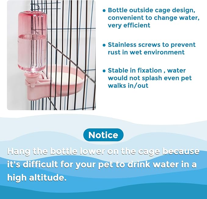 16oz Pet Water Bottle, Gravity Dog Water Bowl Dispenser for Cage, Anti-Overflow Water Dispenser for Small Dogs, Cats, Rabbits and Other Small Animals, BPA Free, Gradient Pink