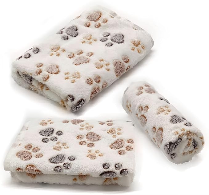 1 Pack 3 Puppy Dog Blankets Super Soft Warm Sleep Mat Fluffy Premium Fleece Pet Blanket Flannel Throw for Dog Puppy Cat - Paw Print Beige/Pink/Brown Medium (29"x20")