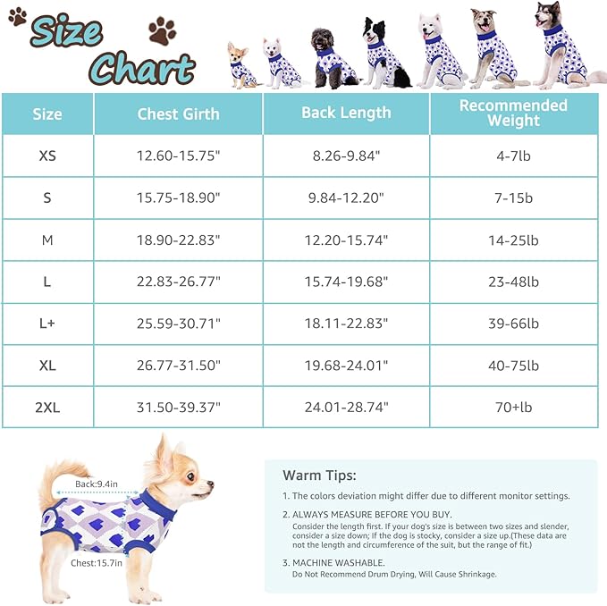 Recovery Suit for Dogs, Dog Recovery Suit Male Female Post Spay, Neuter, Abdominal Surgery Recovery Suit with an Inner Layer Pocket, Prevent Licking Soft Breathable Cotton, Blue, XS