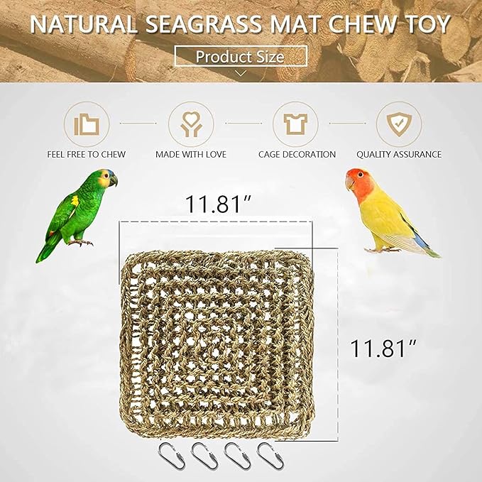 Bird Seagrass Mat,Natural Seagrass Woven Net Bird Foraging Chew Wall Toys Parakeet Hammock Mat with Hooks for Lovebird Cockatiel Conure Budgie,Size 28.3" X 6.7" and 11.81" X 11.81"(2 Pcs)