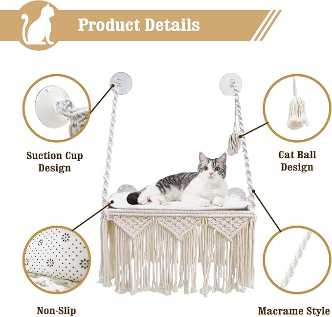 Cat Window Perch Macrame Cat Hammock Boho Wall Mounted Pet Resting Seat Bed for Sunbathing, Napping & Overlooking with 4 Seat Suction Cups & Fleece Blanket & Knitted Ball Toy - Weighted up to 35lbs.