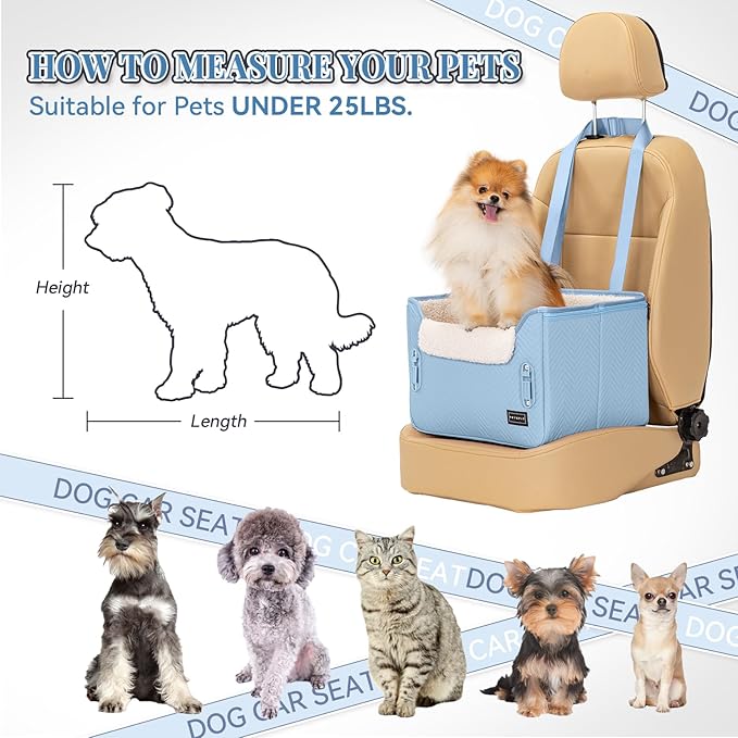 PETSFIT Dog Car Seat Medium Sized Dog, Stable Small Dog Car Seat for Car with Clip-On Leash, Fleece Liner Suitable for Small Pets Up to 25lbs (Blue)