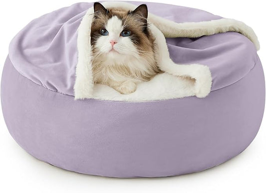Lesure Cat Bed with Cover Cave - Covered Round Kitten Bed with Hooded Blanket, Machine Washable Burrow Pet Bed for Indoor Cats, Extra Small Cozy Cave Puppy Bed with Anti-Slip Bottom, Purple 20"