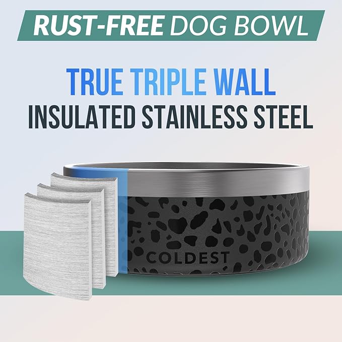 Coldest Dog Bowl - Anti Rust Metal & Non Slip Dog Bowls Large, Spill Proof Heavy Duty 3 Layers Insulated Dog Bowl - Food and Water Bowl for Dogs, Cats & Pets, Dishwasher Safe (64 oz, Black Leopard)