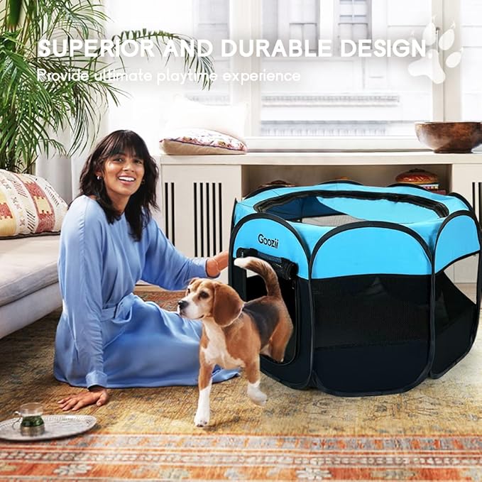 Portable Dog Playpen Indoor Outdoor, Collapsible Pet Dog Playpen with Zipper Top Cover, Cat Puppy Bunny Kitten Exercise Play Pen Tent for Beach RV Car (Medium Size,Black Blue)