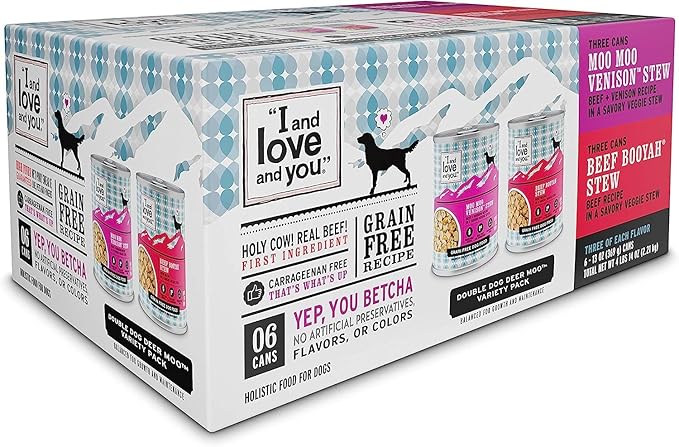 I AND LOVE AND YOU Wet Dog Food - Double Dog Deer Moo Variety Pack - Beef + Venison, Grain Free, Filler Free 13oz can, 6pk