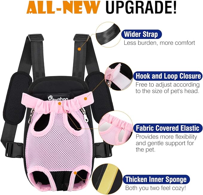 Pawaboo Pet Carrier Backpack, Adjustable Pet Front Cat Dog Carrier Backpack Travel Bag, Legs Out, Easy-Fit for Traveling Hiking Camping for Small Medium Dogs Cats Puppies, Medium, PINK