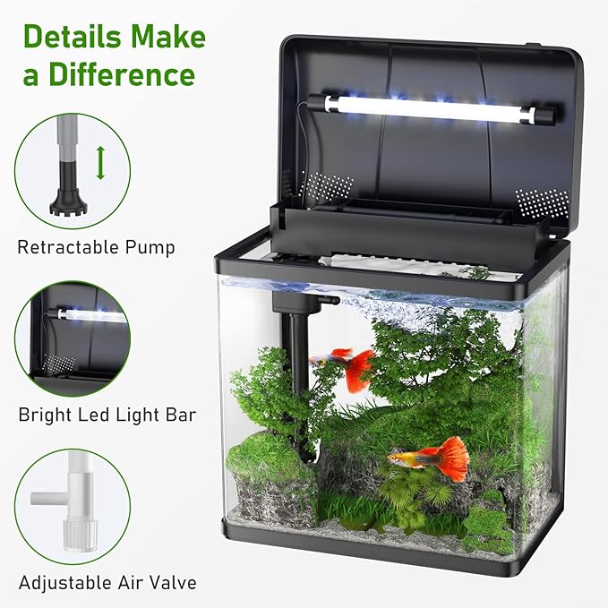 Fish Tank, 1.7 Gallon Glass Aquarium with Air Pump & LED Light & Filter, Small Fish Tank for Betta Fish Starter Kit (Black)