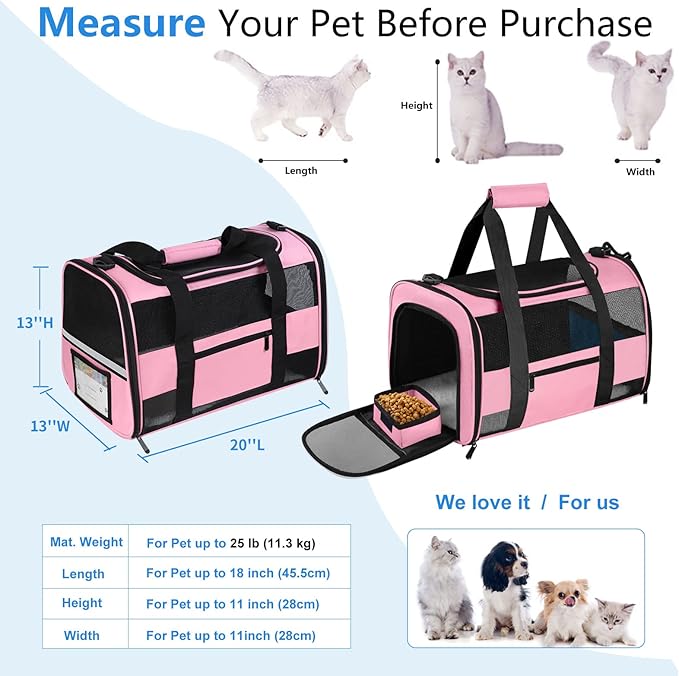 Large Cat Carrier Dog Carrier Pet Carrier for Medium Small Dogs, Collapsible Soft Sided Pet Carrier for Cats Dogs Puppy of 25 Lbs, Pink