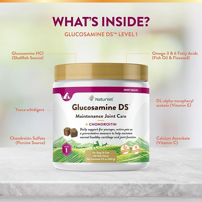 NaturVet Glucosamine DS Level 1 Maintenance, Joint Care Support Supplement for Dogs and Cats, Soft Chews, Made in The USA