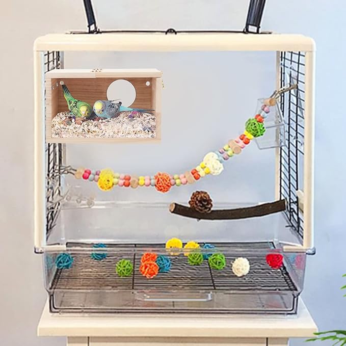 Rypet Parakeet Nesting Box Transparent Design, Bird Nest Breeding Box with Perch Wood Bird Cage House for Cockatiel Lovebirds Budgie Finch Parrotlets Canary