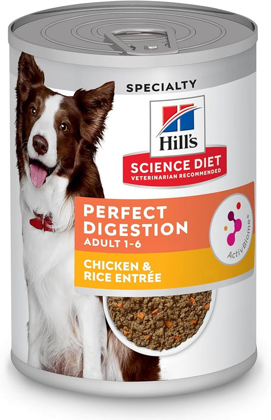 Hill's Science Diet Perfect Digestion, Adult 1-6, Digestive Support, Wet Dog Food, Chicken & Rice Loaf, 12.8 oz Can, Case of 12