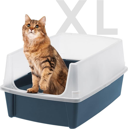 IRIS USA Extra Large Cat Litter Box with Scatter Shield, Open Top High Sided Cat Litter Pan, Navy