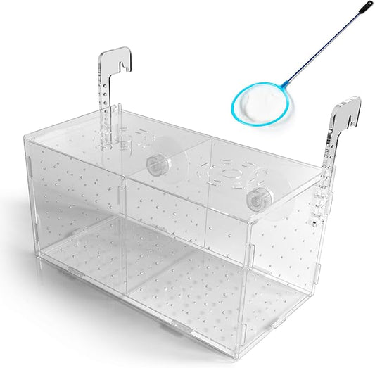 Fish Breeding Box for Tank or Aquarium - Isolation Box and Fish Hatchery Container Kit - Adjustable, Acrylic - Complete with Small Fish Net