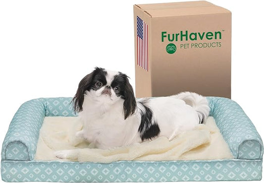 Furhaven Cozy Orthopedic Dog Bed for Medium/Small Dogs w/ Removable Bolsters & Washable Cover, For Dogs Up to 35 lbs - Plush & Diamond Print Nest Top Sofa - Aqua, Medium