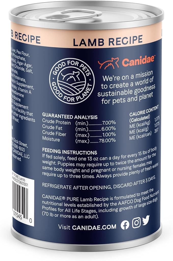 Canidae PURE Limited Ingredient Premium Adult Wet Dog Food, Lamb Recipe, 13 Ounce (Pack of 12), Grain Free