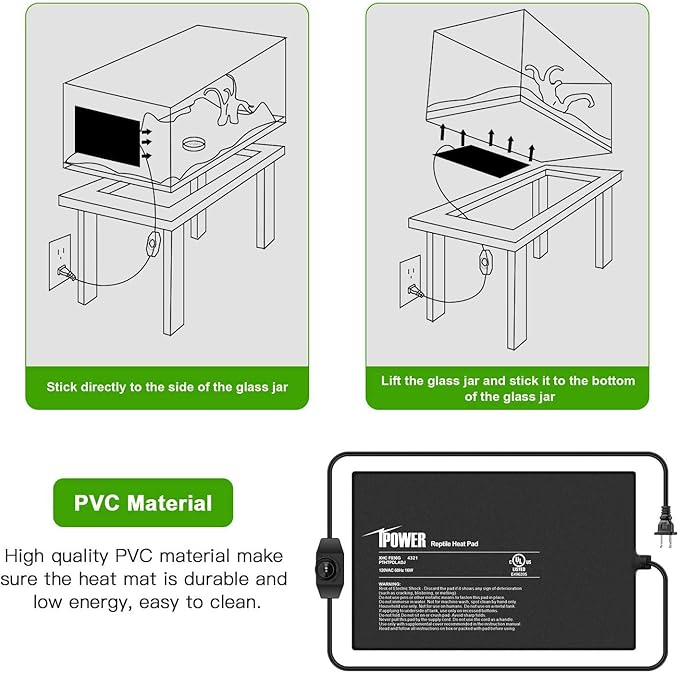 iPower 8X12 Inch 16 Watts Reptile Heating Mat with Adjustable Temperature Controller Under Tank Warmer Terrarium Heat Pad for Reptiles and Amphibians, for 30-40 Gallon Tank, 2 Pack