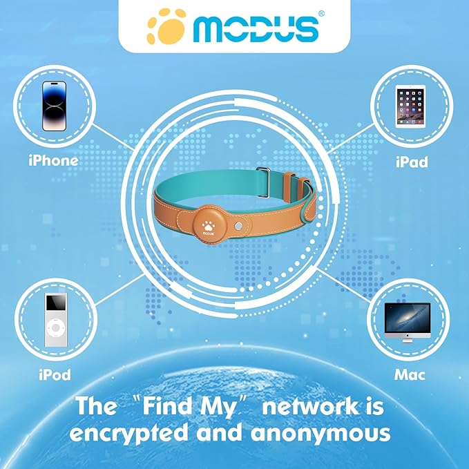 MODUS GPS Tracker for Dogs, 2 in 1 Pet Tracking Smart Collar (Only iOS), Real-time Location Soft and Comfortable PU Dog Collar GPS Tracker,No Monthly Fee Tracking Tag for Your Puppy(Locator Included)