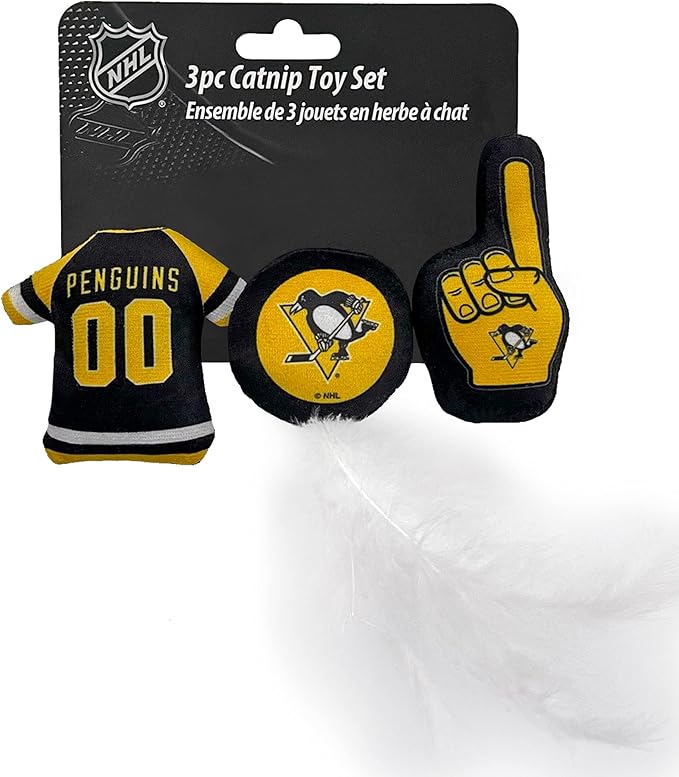 BEST PLUSH CAT TOY NHL PITTSBURGH PENGUINS Complete Set of 3 piece Cat Toys filled with Fresh Catnip. Includes: 1 Jersey Cat Toy, 1 Hockey Puck Cat Toy with Feathers & 1 #1 Fan Cat Toy. With Team LOGO