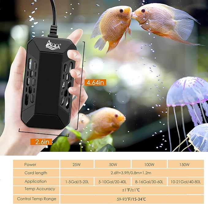 AQQA Aquarium Submersible Heater for Fish Tank, HD Temperature Display and Built-in Thermometer,External Controller Temperature Control Range 59℉-93℉,Safety Control Protects 50W