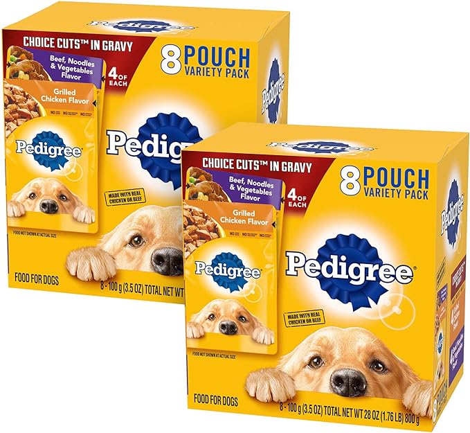 PEDIGREE CHOICE CUTS IN GRAVY Adult Soft Wet Dog Food 8 Count Variety Pack, 3.5 oz Pouches, (Pack of 2)