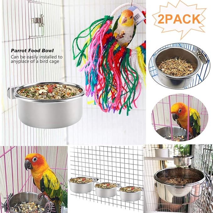 kathson 2 Pack Bird Feeding Cups with Clamp Holder, Parrot Food & Water Cage Hanging Bowl Stainless Steel Coop Cup Dish Feeder for Parakeet Cockatiels Conure Budgies Lovebird Finch,Style A