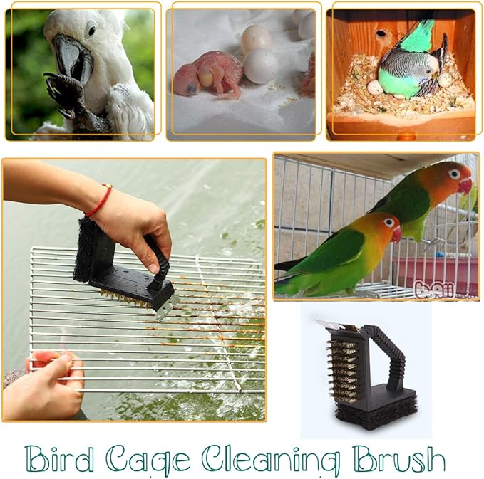 Bonaweite Bird Cage Cleaner, Bird Cage Cleaning Brushes, Multi-function Stainless Steel Triangle Bird Cage Brush Set, Birdcage Cleaner Poop off Scrub Brush Kit for Cleaning Bird Cage Perch Kennel