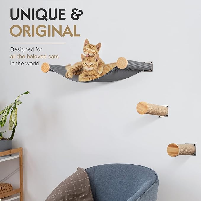 Cat Hammock Wall Mounted Large Cat Perch with 2 Cat Wall Steps - Cat Wall Shelves for Indoor Cats or Kitty - Premium and Modern Cat Furniture for Sleeping, Playing, Climbing (Grey)