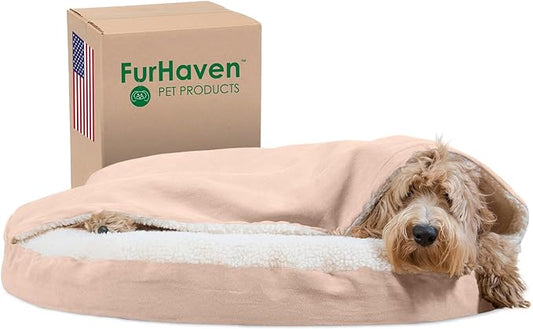 Furhaven 35" Round Orthopedic Dog Bed for Large/Medium Dogs w/ Removable Washable Cover, For Dogs Up to 50 lbs - Sherpa & Suede Snuggery - Cream, 35-inch