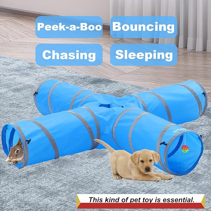 4 Way CAT Toy Tunnels - 47" x 47" x 10" Large Cat Tubes and Tunnels - Pop Up Design (Blue)