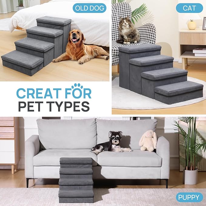 Foldable Dog Stairs 4 Tier Pet Steps, for Small Medium Dogs Pet Steps Storage Stepper for High Beds Sofa (4 STEP)