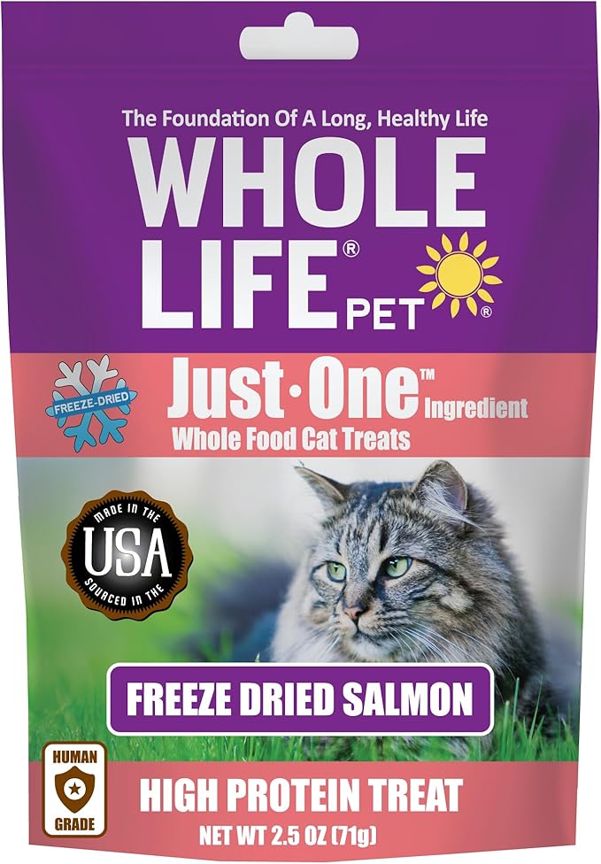 Whole Life Pet Just One Salmon - Cat Treat Or Topper - Human Grade, Freeze Dried, One Ingredient - Protein Rich, Grain Free, Made in The USA