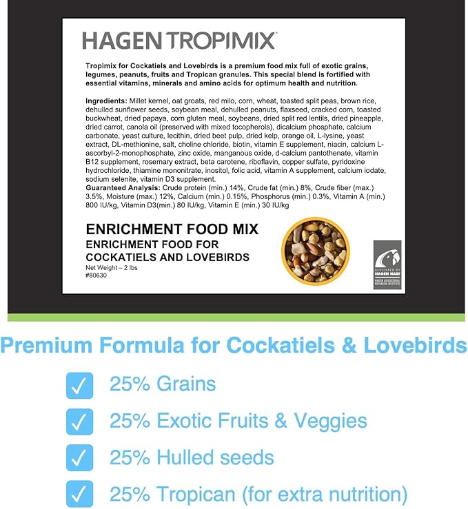 Hagen Tropimix Enrichment Food for Cockatiels & Lovebirds, 2 lb. - HARI Parrot Food with Seeds, Fruit, Nuts, Vegetables, Grains, and Legumes