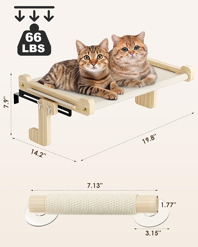 Cat Window Perch with Scratching Post, Sturdy Cat Window Hammock Bed Seat with Solid Wood & Metal Frame, Cat Perch for Windowsill, Bedside, Drawer and Cabinet, 2 Replace Mats