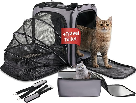 Cat Travel Carrier with Litter Box for Car, Expandable Cat Carrier with Leak-Proof Litter Box for Car Travel, up to 20 lb to Road Trip, Camping, or Hotel, Grey