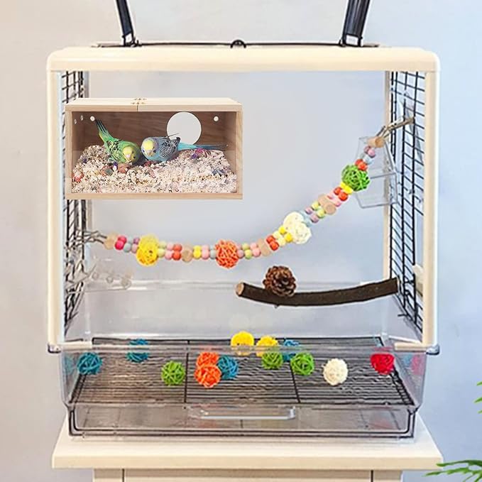 Rypet Parakeet Nesting Box Transparent Design, Bird Nest Breeding Box with Perch Wood Bird Cage House for Cockatiel Lovebirds Budgie Finch Parrotlets Canary