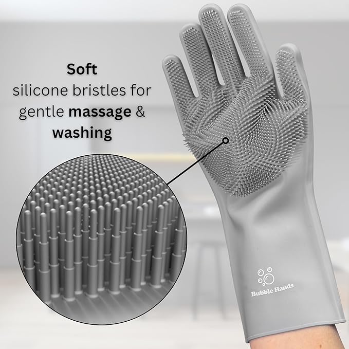 Dog Washing Gloves with Bristle Scrubbers, Reusable Silicone Gloves ideal for Pet Bathing, Massaging & Grooming (Gray)